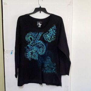 |A Just My Size Women's Plus Long-Sleeved Graphic Tee-Shirt Blue Paisley Size 4X